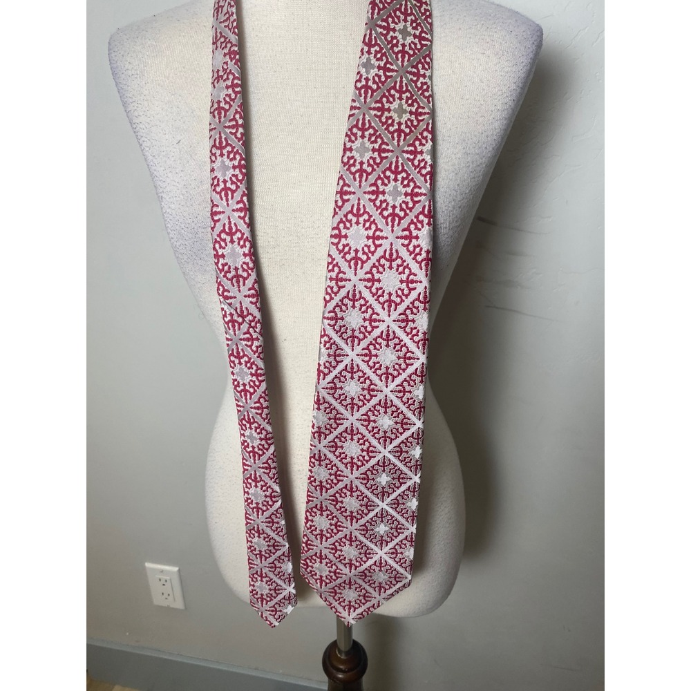 Vintage 60s Ferranti California Men Magenta Pink Silver Geometric Brocade Tie